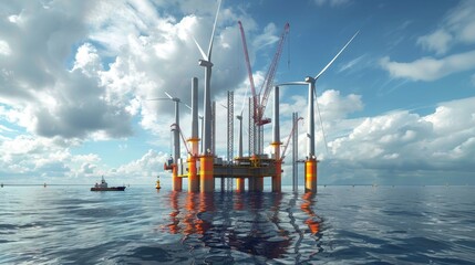 A large oil rig is in the water with a crane on top. The crane is being used to lift a large object. The sky is cloudy and the water is calm