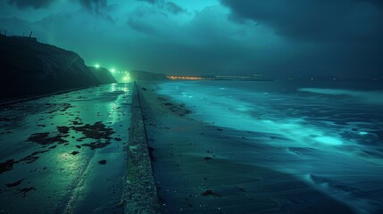 A beach at night with a dark sky and a wall of water - obrazy, fototapety, plakaty