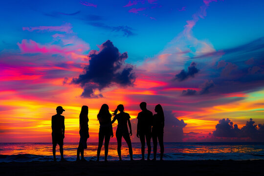 silhouette of people on the beach at sunset , vacation photo