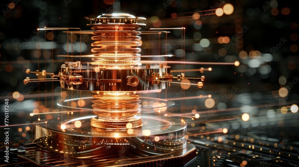 Poster a glowing, metallic object with a lot of wires and lights surrounding it. the object appears to be a