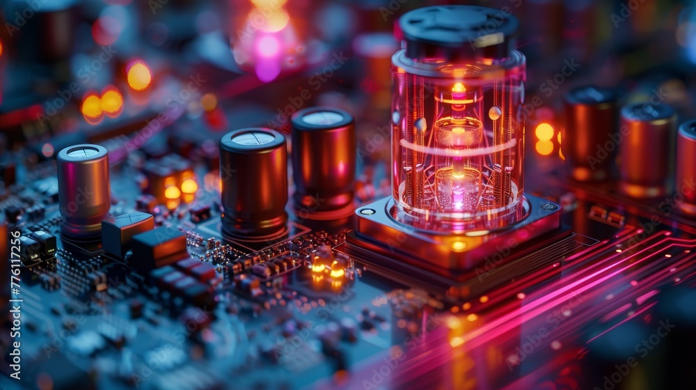 Poster a computer chip with a glowing light on it. the chip is surrounded by other computer chips and wires