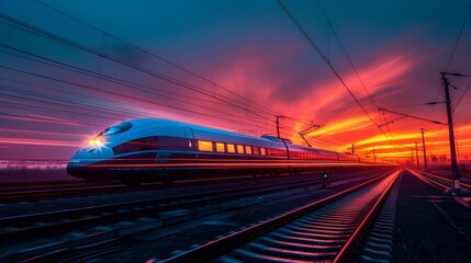 Fototapeta premium A train is traveling down the tracks with a sunset in the background. The train is long and sleek, and the sunset creates a warm and peaceful atmosphere