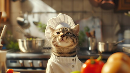Cat in chef uniform, restaurant kitchen. Charming feline chef adds a playful touch to the culinary scene, blending cuteness with culinary expertise