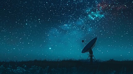 A satellite is sitting in a field of grass under a starry sky. The scene is peaceful and serene, with the satellite standing out against the dark background