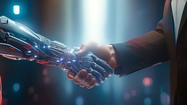 Digital robot handshake with human background futuristic digital age robot science digital technology	