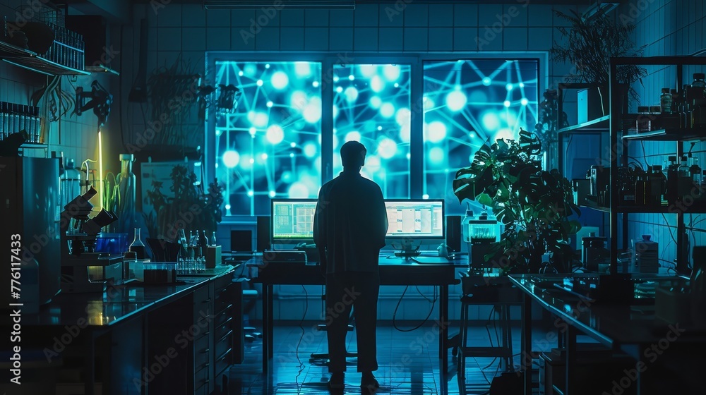 Poster a man stands in front of a computer monitor in a dimly lit room. the computer screen displays a comp