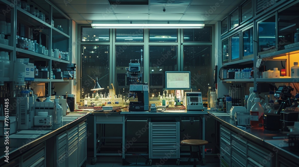 Poster a dark room with a computer and a monitor. the room is filled with various chemicals and bottles