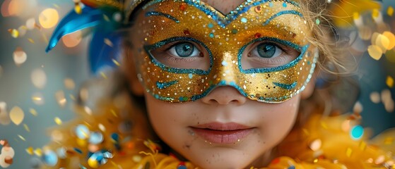 Joyful Child in Mardi Gras Mask amid Confetti. Concept Celebration, Child Photography, Mardi Gras,...