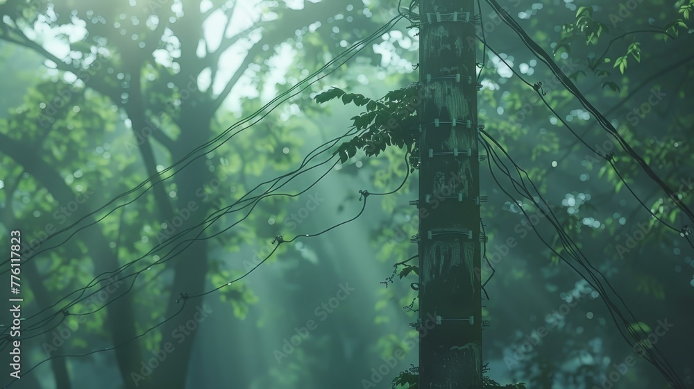 Poster a tree with wires wrapped around it in a forest. the image has a mood of loneliness and isolation