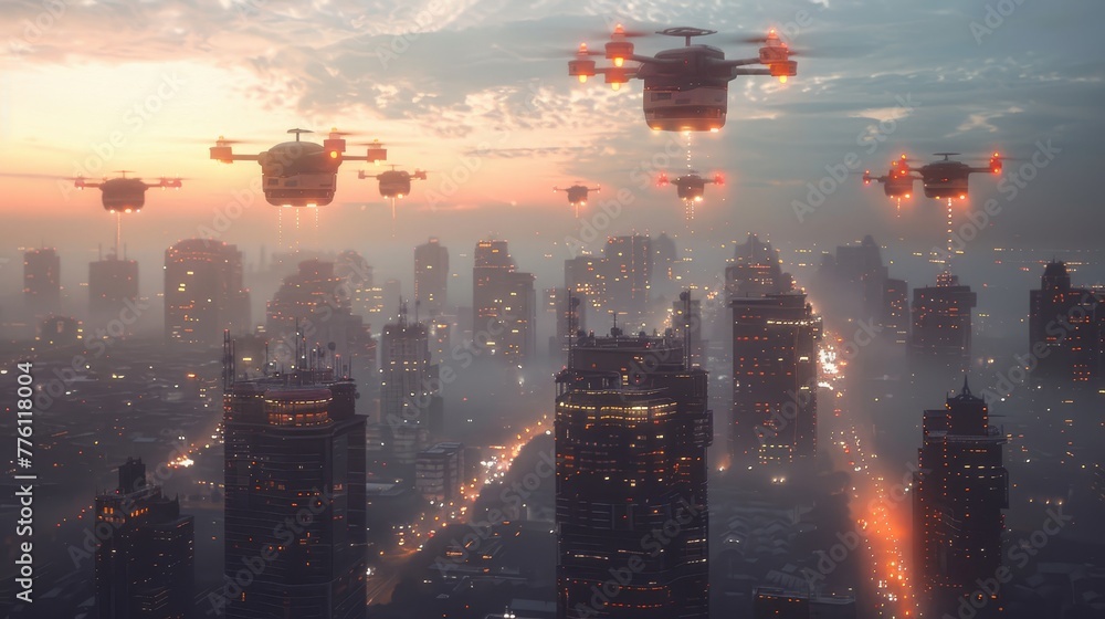 Poster a cityscape with a large number of drones flying overhead. the drones are lit up with red and orange