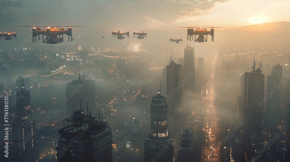 Poster a cityscape with a group of drones flying over it. the drones are in the air and are flying in diffe