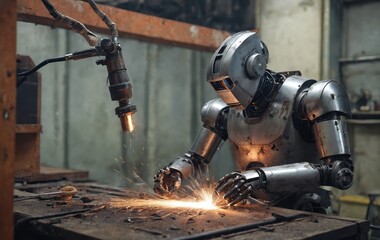 Industrial robot welding with sparks in the factory. Industrial robot.
