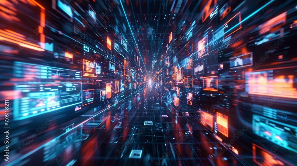 Poster a computer screen with many different images and colors. the image is of a futuristic, high-tech env