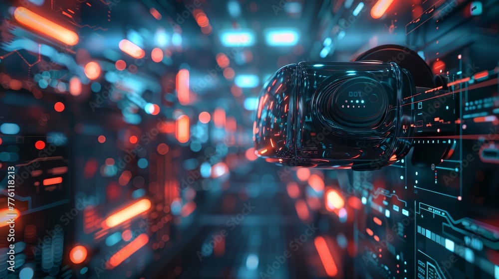 Poster a futuristic cityscape with a large, glowing, and colorful object in the center. the object appears 