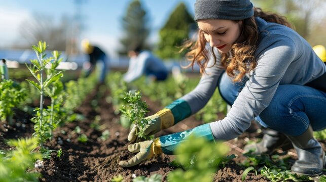 A woman is planting a seedling in a garden. She is wearing a hat and gloves. The garden is full of plants and trees