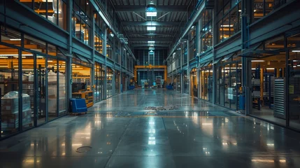Foto op Canvas A large, empty warehouse with a lot of windows. The space is very open and bright, with a lot of natural light coming in from the windows. The emptiness of the space gives it a feeling of potential © Rattanathip