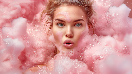 Surprised young woman covered in pink bubbles looking at the camera with an open-mouthed expression.