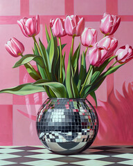 Pink tulips in a silver disco ball planter