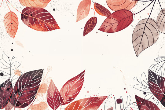 Colorful pattern with autumn leaves and paint splatters on light background