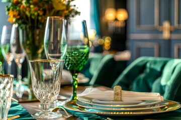 Background from a Luxury Dining Room - Emerald Dining Room Tapestry - A Blend of Luxury and Modern Comfort - Dining Room Interior in the Emerald Gold Green Style created with Generative AI Technology