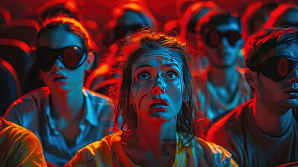 Obraz premium Young folks experience fear when seeing a movie in a theater.