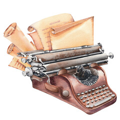 Watercolor typewriter with old paper and parchment scrolls. Vintage object clip art, hand painted illustration. - 776119268