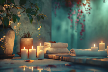 A serene spa scene with candles flickering and soft music playing, inviting viewers to relax and rejuvenate their mind, body, and spirit - obrazy, fototapety, plakaty