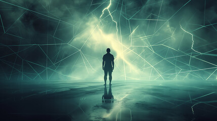 A silhouette of a man stands facing a complex network of luminous lines and geometric shapes, giving a sense of awe and mystery