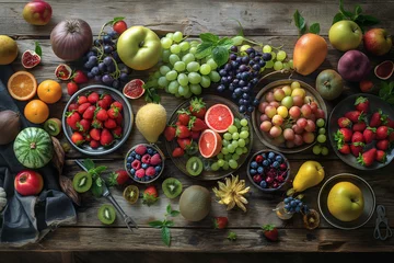 Tuinposter A colorful array of fresh fruits arranged artfully on a rustic wooden table, inviting viewers to indulge in the vibrant flavors of nature © The Origin 33