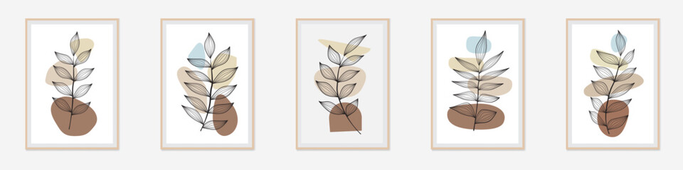 Abstract foliage wall art. Botanical prints boho style in frame . boho elements for home decor. Minimalist abstract plant branch art poster. Hand drawn abstract shapes.