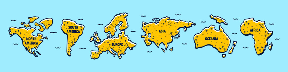 Cartoon world map with all the continents. World map hand drawn in colorful cartoon style. World map poster for children.