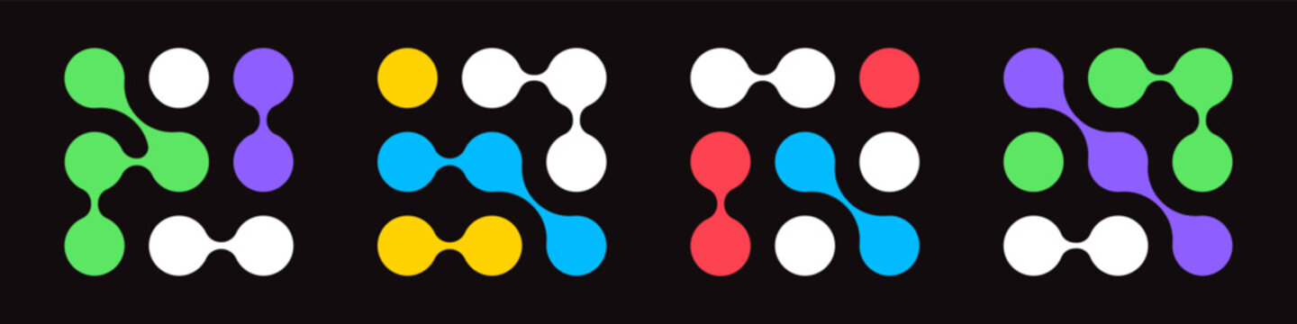 Colorful meta balls collection. Connected morph dots. Liquid blobs fluid set. Rounded design elements for logo, icon, tag, emblem, poster.
