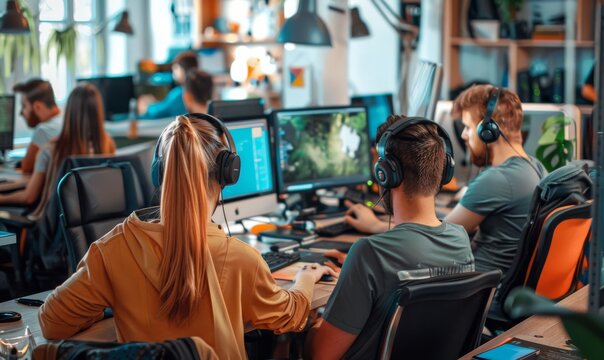 A cohesive team of game developers collaborates in an office environment, pooling their creativity and expertise to craft innovative gaming experiences