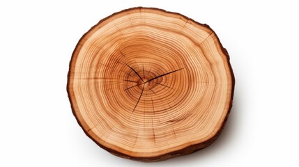 smooth cross section brown tree stump slice with age rings cut fresh from the forest with wood grain isolated on white background. Top view