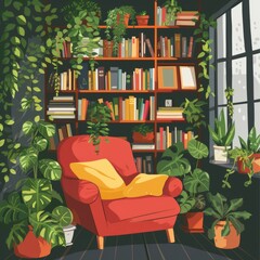 Armchair, bookcase, plants in the living room. Cozy home concept