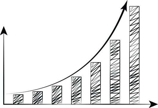 Exponential growing curve above a bar chart shaded with hand drawing strokes in black and white. Illustration as design element for the topics of business, sale performance, profit and revenue