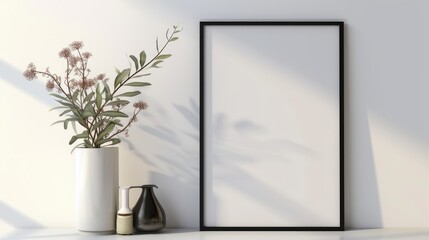 Blank frame in the interior with plants. Design mockup