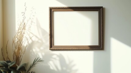 Blank frame on the wall. Shadow falls on the wall. Design mockup with plants