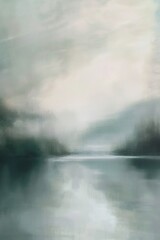 Obraz na płótnie Canvas Gemälde einer Landschaft mit See und Bäumen, verträumte Stimmung, Nebel und diffuses Licht, sanfte Farben