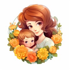 Happy mother day card. Cute Mom and child. Flowers background.
