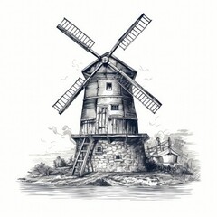 Mill gravure. Line ink sketch of the windmill