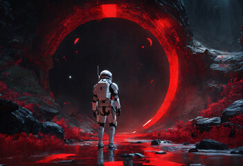 Astronaut in a white spacesuit on an alien world. Mystical combination of black and red background. Loneliness concept.