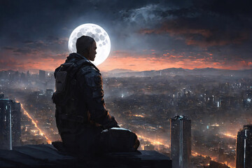 Lonely saddened man sits on the parapet of the roof of a skyscraper in the night city. Loneliness in big city. Painted picture. - 776120485