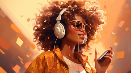 Young African American woman wearing headphones listening to music in neon background.