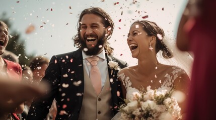 Obraz na płótnie Canvas Happy wedding couple. Guests Throwing Confetti Over Bride And Groom