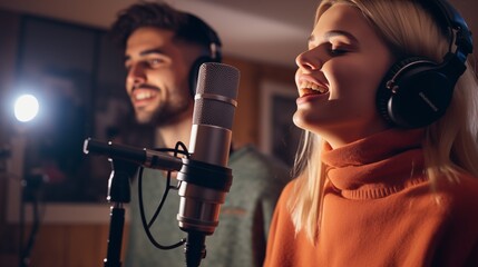 Two young people enjoying singing with microphones performing a song. Man and woman singers