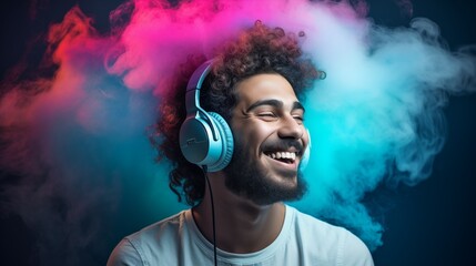 Young man wearing headphones listening to music on neon background