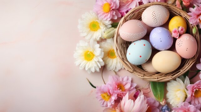 Basket of Easter eggs. Spring floral Easter background. Blank space for text.