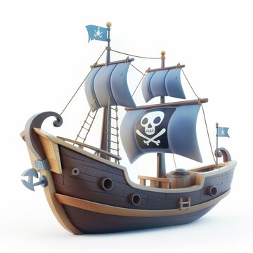 recommend clip art: Pirate ship with sails, 3d, cartoon style illustration.