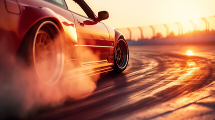 speed motion of drift car with burn smoke tyre during drift in track race circuit drive with professional driver of racing sport motorsport competition at sunset time - obrazy, fototapety, plakaty